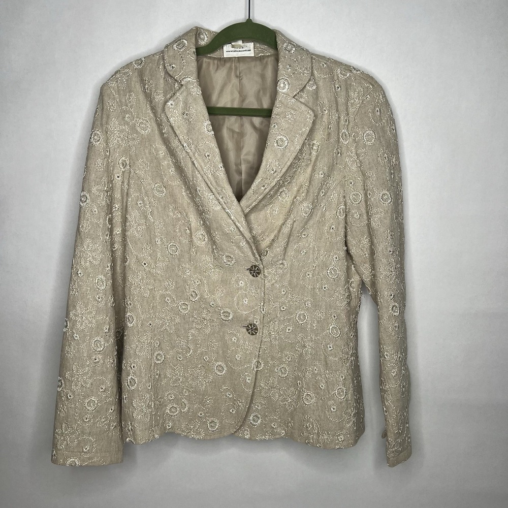 Coldwater Creek Women's Blazer Size XL Beige Floral Embroidery 2 Button